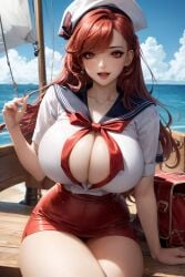 1girls ai_generated cleavage curvaceous curvy curvy_body curvy_female curvy_figure female female_focus female_only hi_res long_hair looking_at_viewer mnemosynekoto red_hair sailor_collar sailor_hat sailor_uniform seductive_look stable_diffusion