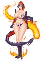 almost_naked almost_nude claws covered_nipples covered_pussy dragon_girl dragon_tail eden_crest fire flames kainkout orange_hair shiny_skin shoulder_length_hair smiling yellow_eyes