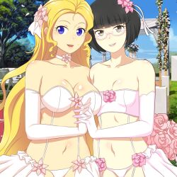 2girls black_eyes black_hair blonde_hair blue_eyes bouquet breast_press breasts bride challengia cleavage dress flat_chest flower glasses gloves hair_ornament jewelry large_breasts lingerie long_hair mole multiple_girls navel nchans nchans_style necklace official_art open_mouth orcaleon panties pinchan short_hair stachan underwear wedding wedding_dress wife_and_wife