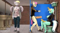 2futas 3d_(artwork) animal_genitalia animal_penis anthro anthrofied bathroom big_breasts bodily_fluids bonbon_(mlp) breasts clothing cum derpy_hooves digital_media_(artwork) equid equine equine_genitalia equine_penis erection female footwear friendship_is_magic futanari genital_fluids genitals gynomorph gynomorph/gynomorph hasbro hi_res high_heels horn intersex intersex/intersex lyra_heartstrings_(mlp) magicjob mammal my_little_pony pegasus penis public_restroom restroom_stall senthaurekmern unicorn wings