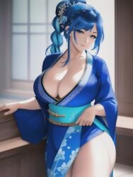 1girls ai_generated asian ass blue_eyes blue_hair braided_ponytail cleavage female hair_ornament japanese kimono large_ass large_breasts looking_at_viewer massive_ass massive_breasts multicolored_hair offering offering_to_viewer original original_character ponytail revealing_clothes shmebulock36 solo solo_female