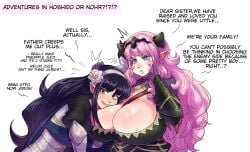 2girls breast_size_difference breasts camilla_(fire_emblem)_(cosplay) cleavage corrin_(fire_emblem) corrin_(fire_emblem)_(female) cosplay dialogue english_text female fire_emblem fire_emblem_fates huge_breasts large_breasts long_ears long_hair medium_breasts nintendo original pink_hair pinkkoffin pointy_ears purple_eyes purple_hair simple_background text