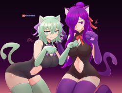 2girls absurdres animal_ears animal_hands breasts byleth_(fire_emblem) byleth_(fire_emblem)_(female) cat_ears cat_tail cleavage clothing_cutout enlightened_byleth_(female) female female_only fire_emblem fire_emblem:_three_houses fire_emblem_warriors:_three_hopes gloves green_hair hair_bun hair_over_one_eye highres leotard looking_at_viewer multiple_girls navel_cutout nintendo paw_gloves paw_pose purple_hair raydango shez_(female)_(fire_emblem) shez_(fire_emblem) single_hair_bun tail thighhighs