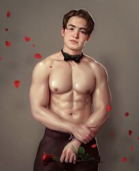 1boy actor caucasian caucasian_male celebrity human human_only kit_connor looking_at_viewer male male_only muscles muscular muscular_male nerdyart real_person rose_petals roses shirtless_male solo solo_male teen_boy valentine's_day