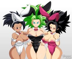 3girls big_breasts black_eyes black_hair blue_eyes blush blushing_at_viewer breasts bunny_costume bunny_girl bunnysuit byghosteduard caulifla cute dark-skinned_female dragon_ball dragon_ball_super female female_only female_saiyan girl green_hair group kale kefla legendary_super_saiyan saiyan smile super_saiyan super_saiyan_2 trio universe_6 universe_6/universe_7