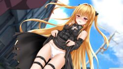 1girls blonde_hair golden_darkness konjiki_no_yami long_hair panties red_eyes standing thigh_strap to_love-ru to_love-ru_darkness touchuu_kasou twintails wet_panties wet_pussy white_panties