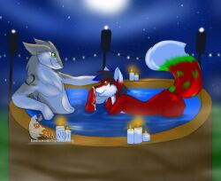 anthro canid canine docisco duo fox hatoma hot_tub kiathewolf27 light male male/male mammal moonlight night nude oral sergal sex sky star starry_sky tongue tongue_out