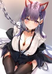 1girls akuma_nihmune black_jacket black_skirt breasts button_down_shirt chain_leash collar earrings hairclip horns indie_virtual_youtuber jacket jacket_partially_removed kasumi_komo large_breasts leash light-skinned_female light_skin long_hair looking_at_viewer necklace pink_eyes purple_hair shirt sitting skirt succubus thighhighs virtual_youtuber white_shirt