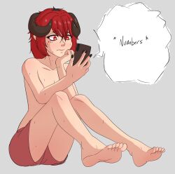 1girls black_nails feet female grey_background pepper_wentz red_eyes red_hair smartphone soles solo toes topless topless_female unholyspicy virtual_youtuber