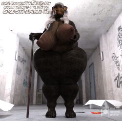 3d anthro anthro_only areolae bbw bear big_breasts breasts cane chubby chubby_anthro chubby_female daz3d daz_studio dialogue elderly_female female georgia_woods(lhf3d) gray_hair hallway hand_on_breast large_areolae large_ass large_breasts legs looking_at_viewer lowhangingfruit3d_(artist) mature mature_female nipples nude nude_female obese old older_female original_character overweight overweight_female standing thick thick_legs thick_thighs thighs wide_hips