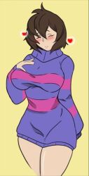 1girls aged_up bare_legs before_sex big_breasts blush breasts clothed clothing crotch crotch_seam edit edited female female_only fleet-foot frisk hand_on_breast heart large_breasts oversized_clothes oversized_sweater short_hair simple_background solid_color_background solo sweater sweater_dress sweater_only thighs topwear undertail undertale undertale_(series) yellow_background