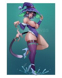 breastless_clothes breastless_clothing edemevas high_heels hoop_earrings large_breasts leotard original_character somnia thighhighs witch witch_hat