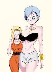 2girls android_18 artist_name big_breasts blonde_hair blue_eyes blue_hair breasts bulma_briefs cleavage dragon_ball dragon_ball_z earrings female female_only fully_clothed gold_jewelry hips jewelry light-skinned_female light_blue_hair light_skin looking_at_viewer milf multiple_girls one-piece_swimsuit photo powkasa short_hair shounen_jump smile smiling yellow_hair