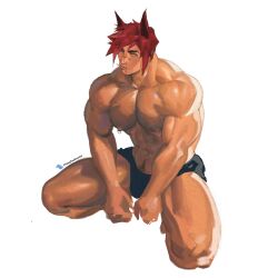 animal_ears bara body_hair colored_sketch facial_scar full_body league_of_legends male male_only muscular muscular_male nipple_piercing nipple_rings painting_(artwork) pecs red_hair sett sketch solo squatting toothpick topless topless_male yangtuokawayi