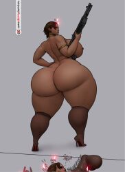 1girls areolae ass big_breasts big_butt black_nipples black_penis black_skin brown_hair capcom casual curvy dark_skin female female_only firearm gun high_heel_boots high_heels huge_thighs human hyper_ass hyper_breasts mature_female mature_woman nipples resident_evil resident_evil_5 sheva_alomar shotgun someshittysketches stockings thick_thighs voluptuous voluptuous_female watermark weapon