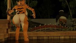 16:9 angry anthro ass bamboo bear deerbone deerbone_(artist) dreamworks duo female genitals giant_panda hi_res humanoid kung_fu_panda male male/female master_po_ping master_tigress nude pussy running sauna sfm stripes tail tiger water wet widescreen