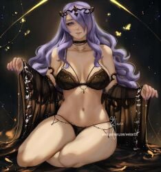 1girls artist_name black_background black_bra black_panties breasts butterfly camilla_(fire_emblem) cleavage female female_only fire_emblem fire_emblem_fates gown hair_ornament hair_over_one_eye kneeling large_breasts lingerie lips long_hair looking_at_viewer navel nintendo panties purple_eyes purple_hair smile solo thighs tiara underwear very_long_hair watermark wavy_hair wei_(promise_0820) weisart