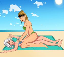 2girls anoneysnufftan applying_sunscreen beach bikini blonde_hair blue_eyes christie_(doa) dead_or_alive edasbild embarrassed female female_only hands_on_breasts headband humiliation imminent_death killer_lotion laying_on_back massage mortal_kombat murder ocean on_back peril punishment rubbing sand seaside short_hair sitting_on_person sky snuff sonya_blade summer sunbathing swimsuit towel white_hair