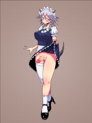 1futa bottomless breasts clothed clothing erection full_body futa_only futa_sans_balls futanari light-skinned_futanari light_skin long_hair mostly_clothed penis pre-transformation sakuya_izayoi solo species_transformation standing tewtewga thick_thighs touhou transformation wide_hips