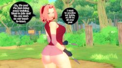 1girls ass back_view big_ass blush female female_only from_behind green_eyes knockwolf koikatsu kunoichi long_hair looking_at_viewer looking_back naruto naruto_(series) naruto_shippuden ninja outdoors pink_hair rear_view round_ass sakura_haruno smile solo solo_focus speech_bubble talking talking_to_viewer text