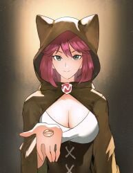 1girls 2022 cat_ear_headphones cleavage cloak clothed clothed_female female female_only gray_eyes holding_ring logo long_hair long_pink_hair looking_at_viewer lord_of_the_rings nutaku nutaku-tan pink_hair smile smiling_at_viewer solo solo_female the_one_ring