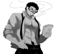 1boy abs bara bara_tits big_breasts big_pecs breasts buff business cigarette glasses job large_breasts large_pectorals larger_male male male_focus male_only muscle muscles muscular muscular_arms muscular_male office open_clothes open_shirt original_character pecs pectorals plucholy pubes pubic_hair smoking solo solo_focus solo_male tie working