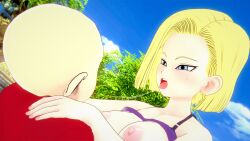 1boy1girl 3d android_18 bald blonde_hair breasts_out dragon_ball dragon_ball_super dragon_ball_z husband_and_wife kissing koikatsu krillin kuririn roseza saliva saliva_trail tongue tongue_out