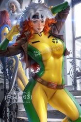 3girls anna_marie armpits ayyasap dark-skinned_female dark_skin faceless_female female female_only fully_clothed green_eyes hi_res hourglass_figure jean_grey jumpsuit light-skinned_female marvel marvel_comics multicolored_hair multiple_girls ororo_munroe rogue_(x-men) skin_tight storm_(x-men) tagme x-men