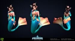 1girls 3d breasts brown_eyes brown_hair cleavage female hi-rez_studios light-skinned_female light_skin looking_at_viewer mermaid mermaid_ying paladins smile solo ying_(paladins)