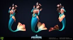 1girls 3d breasts brown_eyes brown_hair cleavage female hi-rez_studios light-skinned_female light_skin looking_at_viewer mermaid mermaid_ying paladins peace_sign smile solo v ying_(paladins)