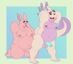 amphibian anthro ass axolotl balls bubs_(bubba) cartoon_network duo erection genitals hi_res lagomorph leporid male male/male mammal marine mole_salamander moobs nipples nude overweight overweight_anthro overweight_male penis pink_body pondart_studios rabbit richard_watterson salamander_(amphibian) simple_background smile the_amazing_world_of_gumball