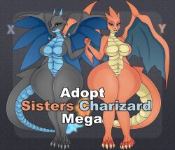 2d 2girls black_background blue_eyes charizard dragon dragon_girl duo female female_focus female_only horns large_breasts mega_charizard mega_charizard_x mega_charizard_y mega_evolution nintendo pokémon_(species) pokemon pokemon_(species) thick_thighs wings