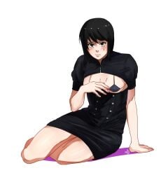 black_dress black_hair blush breasts cleavage_cutout clothing_cutout dress full_body may_c_(lovemeiko) miniskirt naruto naruto_(series) shizune short_hair simple_background sitting skirt sweatdrop white_background