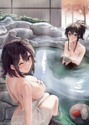 2girls alluring big_breasts black_hair blue_eyes female female_only multiple_girls my_teen_romantic_comedy_snafu naked_towel onsen purple_eyes sisters smodzz998 wet wink yukinoshita_haruno yukinoshita_yukino