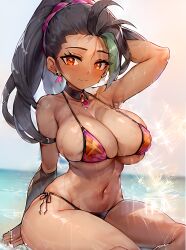 ai_generated arm_behind_head arm_up armpits bare_shoulders beach bikini black_hair blush breasts choker cleavage collarbone dark-skinned_female female hand_in_hair large_breasts long_hair looking_at_viewer micro_bikini navel nemona_(pokemon) pokemon pokemon_sv ponytail side-tie_bikini sitting smile solo sparkle stable_diffusion string_bikini swimsuit wet