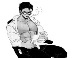 1boy abs bara bara_tits big_breasts big_pecs breasts buff business cigarette glasses job large_breasts large_pectorals larger_male male male_focus male_only muscle muscles muscular muscular_arms muscular_male office open_clothes open_shirt original_character pecs pectorals plucholy sitting sitting_on_chair smoking solo solo_focus solo_male working