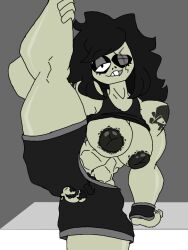 big_breasts big_nipples leg_up ripped_clothing rustb0ltus scar_across_eye shirt_up zombie_girl