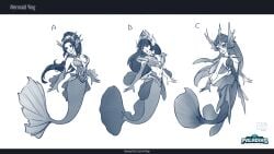 1girls black_and_white breasts brown_eyes brown_hair cleavage female hi-rez_studios light-skinned_female light_skin looking_at_viewer mermaid mermaid_ying paladins smile solo ying_(paladins)