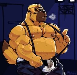 aggressive_retsuko anthro armor bodily_fluids bottomwear brown_body bulge canid canine canis closed_eyes clothed clothing construction_worker dirty_underwear dokachin domestic_dog eyewear fur glasses hard_hat headgear helmet kofu_grizzly_chubby male mammal musclegut muscular nipples open_bottomwear open_clothing open_pants pants pecs sanrio sigh simple_background smooth_fur solo sweat tail tight_clothing underwear