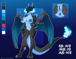 2d anthro black_body blue_background blue_hair blue_nipples charizard mega_charizard mega_charizard_x mega_evolution nazaki-cain nintendo nipples pokémon_(species) pokemon pokemon_(species) red_eyes vagina