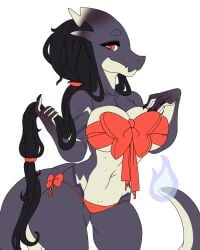 2d belly_button black_hair bow charizard christmas_present cleavage dragon dragon_girl female_focus female_only large_breasts long_eyelashes morgan_gorgon mostly_nude nintendo pokémon_(species) pokemon pokemon_(species) present red shiny_charizard shiny_pokemon text wrapped