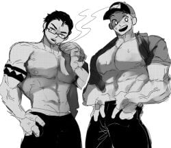 2boys abs accountant bara bara_tits big_breasts big_pecs breasts buff chest_exposed cigarette delivery_boy delivery_employee duo duo_focus exposed exposed_breasts exposed_torso glasses hands_in_pants hands_on_pants large_breasts large_pectorals larger_male looking_at_viewer looking_away male male_focus male_only muscle muscles muscular muscular_arms muscular_male original_character pecs pectorals plucholy shirt_lift shirt_on_shoulders shirt_over_head smoking sweat sweating tattoo tattoo_on_arm tattooed_arm vein veins