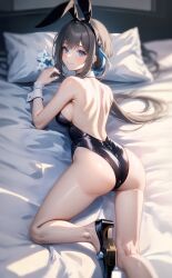 ai_generated alternate_costume ass bare_shoulders bed blue_eyes breasts brown_hair female from_behind genshin_impact guizhong_(genshin_impact) hair_ornament high_heels leotard long_hair looking_at_viewer looking_back lying on_stomach playboy_bunny rabbit_ears shiny shiny_clothes shiny_hair shiny_skin sideboob smile solo very_long_hair wrist_cuffs