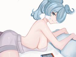 1girls bare_shoulders big_breasts blue_hair elira_pendora exposed_back exposed_shoulders hair_covering_eye hair_over_one_eye hair_wings head_wings looking_at_viewer lunia_(artist) nijisanji nijisanji_en nintendo_switch no_bra one_eye_covered one_eye_obstructed overalls overalls_only pillow ponytail side_view sideboob solo solo_female solo_focus virtual_youtuber white_background