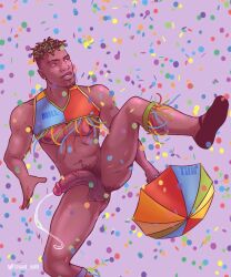 african african_male afro-latino boner bottomless carnaval confetti crop_top dark-skinned_male dark_skin erect_penis erection hard_on latino male male_only melanin muscles muscular muscular_male precum precum_drip sad_mill spread_legs umbrella veiny_penis