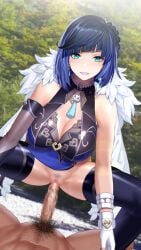 1boy absurdres bangs bare_shoulders black_hair blue_hair blue_pubic_hair blush bob_cut breasts censored cleavage consome2021 diagonal_bangs dice earrings erection female female_pubic_hair fur_trim genshin_impact gloves green_eyes highres houriigurei imminent_penetration imminent_vaginal jacket jewelry just_the_tip large_breasts looking_at_viewer mole mole_on_breast mosaic_censoring multicolored_hair penis pubic_hair pussy sex short_hair smile solo_focus spread_legs straight thighhighs vaginal_penetration yelan_(genshin_impact)