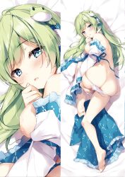 1girls ass bangs bare_back blue_eyes blush breasts cute female female_only full_body green_hair hair_ornament highres long_hair looking_at_viewer miyase_mahiro multiple_views nipples panties sanae_kochiya simple_background snake_hair_ornament solo thighs touhou underwear undressing white_panties