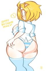 ! big_ass big_breasts birthday danchan dress_shirt jek_korpen looking_back open_shirt shimapan solo solo_focus stockings tagme venky white_skin yellow_eyes yellow_hair