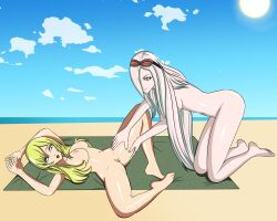 2girls anoneysnufftan applying_sunscreen arms_up bayonetta beach blonde_hair blue_eyes breasts edasbild embarrassed embarrassed_nude_female female female_only goggles goggles_on_head humiliation imminent_death jeanne_(bayonetta) killer_lotion laying_on_back legs_spread long_hair lotion massage metal_gear_solid multiple_girls murder nipples nude ocean oil oiled on_back peril punishment pussy rubbing sand scared seaside shiny_skin sky sniper_wolf snuff summer sunbathing sunscreen towel white_hair