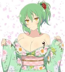 1girls cherry_blossoms cleavage collarbone expressionless female flower flower_in_hair front_view green_hair hair_between_eyes hikage_(senran_kagura) huge_breasts ichiryuu_tsumiki kimono light-skinned_female light_skin looking_at_viewer medium_hair ponytail senran_kagura sidelocks simple_background slit_pupils solo tattoo tattoo_on_chest yellow_eyes